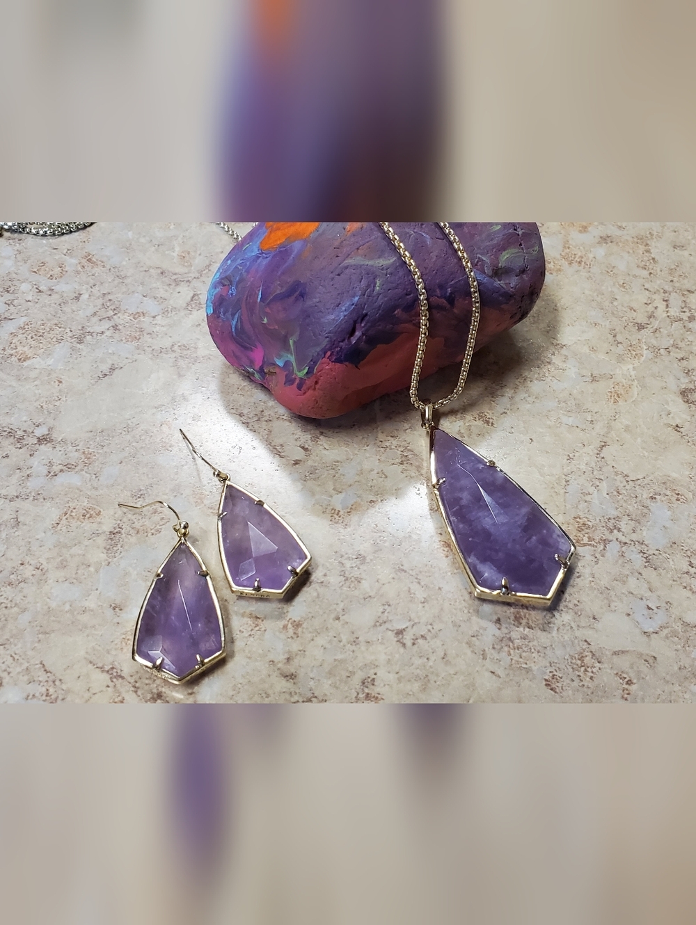 Kendra Scott Gold-tone Necklace & Earrings Matching Set -Purple Faceted Stone